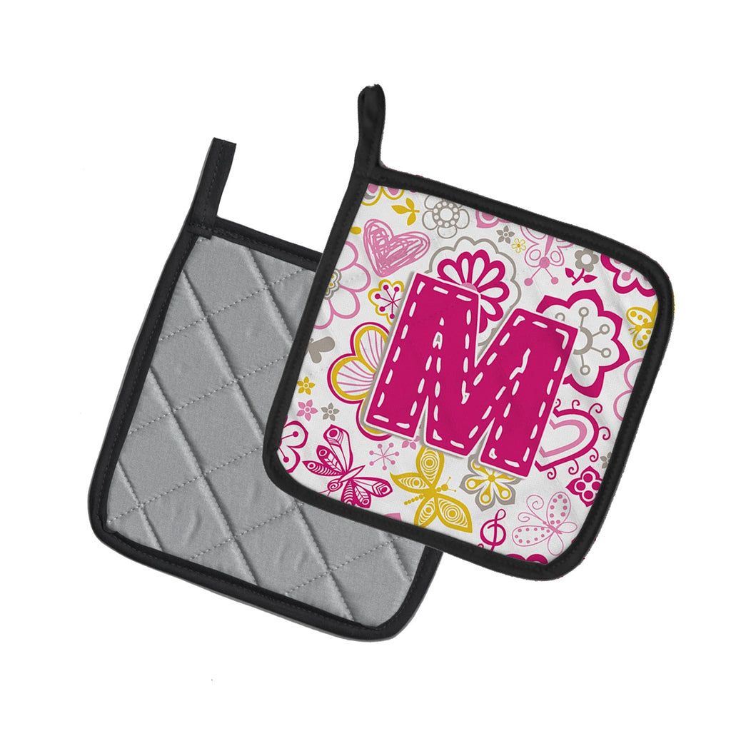 Letter M Flowers and Butterflies Pink Pot Holder Set of 2 Heat Resistant Quilted Hot Pads 7.5 x 7.5 Inch, Insulated Kitchen Trivets for Cooking & Baking