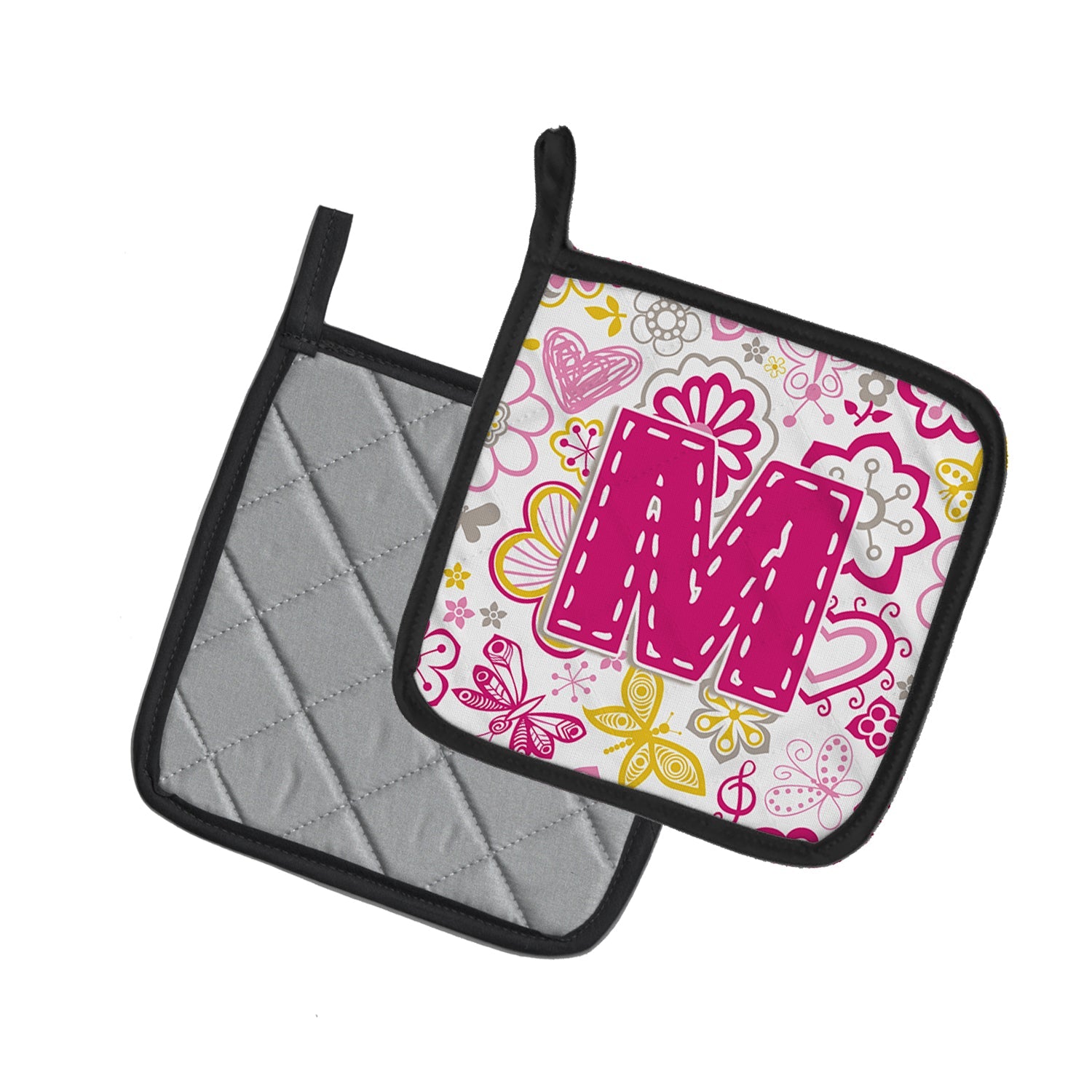 Letter M Flowers and Butterflies Pink Pot Holder Set of 2 Heat Resistant Quilted Hot Pads 7.5 x 7.5 Inch, Insulated Kitchen Trivets for Cooking & Baking