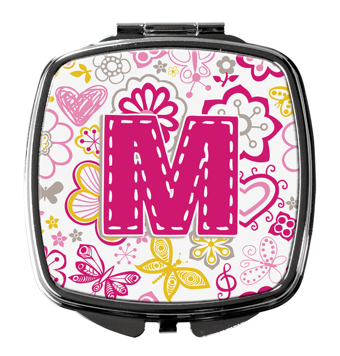 Letter M Flowers and Butterflies Pink Compact Mirror Decorative Travel Makeup Mirror for Women Girls Gifts Pocket Makeup Mirror Folding Handheld