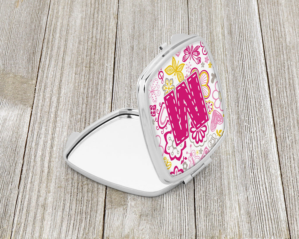 Letter M Flowers and Butterflies Pink Compact Mirror Decorative Travel Makeup Mirror for Women Girls Gifts Pocket Makeup Mirror Folding Handheld