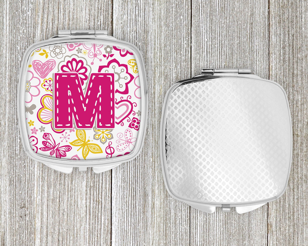 Letter M Flowers and Butterflies Pink Compact Mirror Decorative Travel Makeup Mirror for Women Girls Gifts Pocket Makeup Mirror Folding Handheld