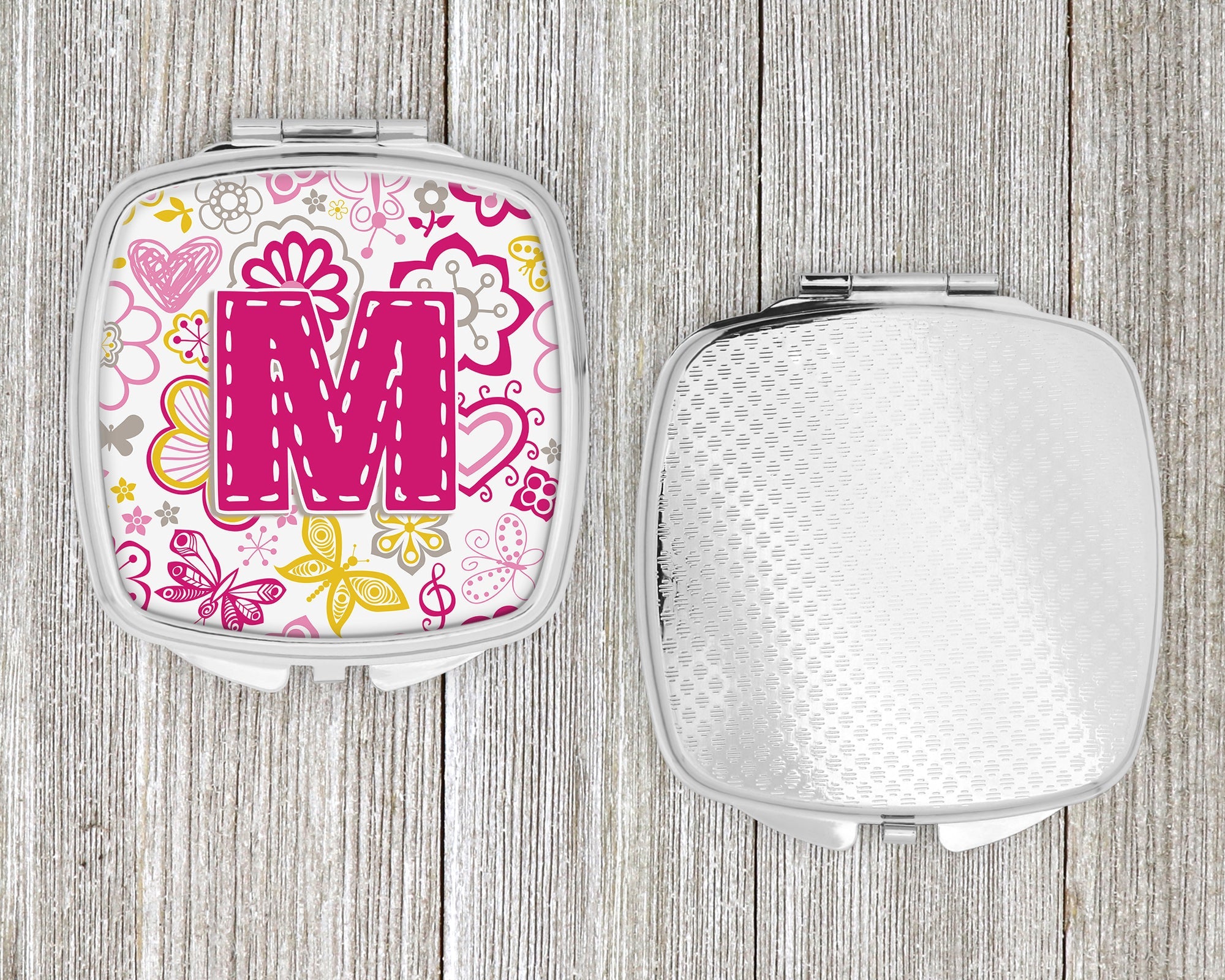 Letter M Flowers and Butterflies Pink Compact Mirror Decorative Travel Makeup Mirror for Women Girls Gifts Pocket Makeup Mirror Folding Handheld