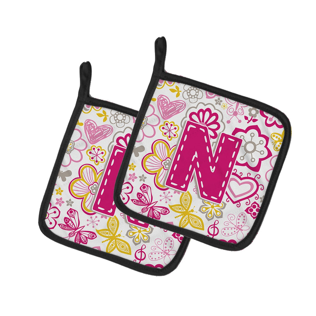 Letter N Flowers and Butterflies Pink Pot Holder Set of 2 Heat Resistant Quilted Hot Pads 7.5 x 7.5 Inch, Insulated Kitchen Trivets for Cooking & Baking