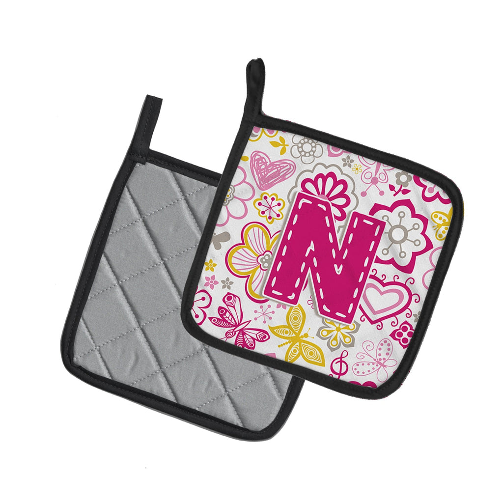 Letter N Flowers and Butterflies Pink Pot Holder Set of 2 Heat Resistant Quilted Hot Pads 7.5 x 7.5 Inch, Insulated Kitchen Trivets for Cooking & Baking