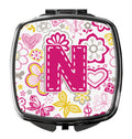 Letter N Flowers and Butterflies Pink Compact Mirror Decorative Travel Makeup Mirror for Women Girls Gifts Pocket Makeup Mirror Folding Handheld