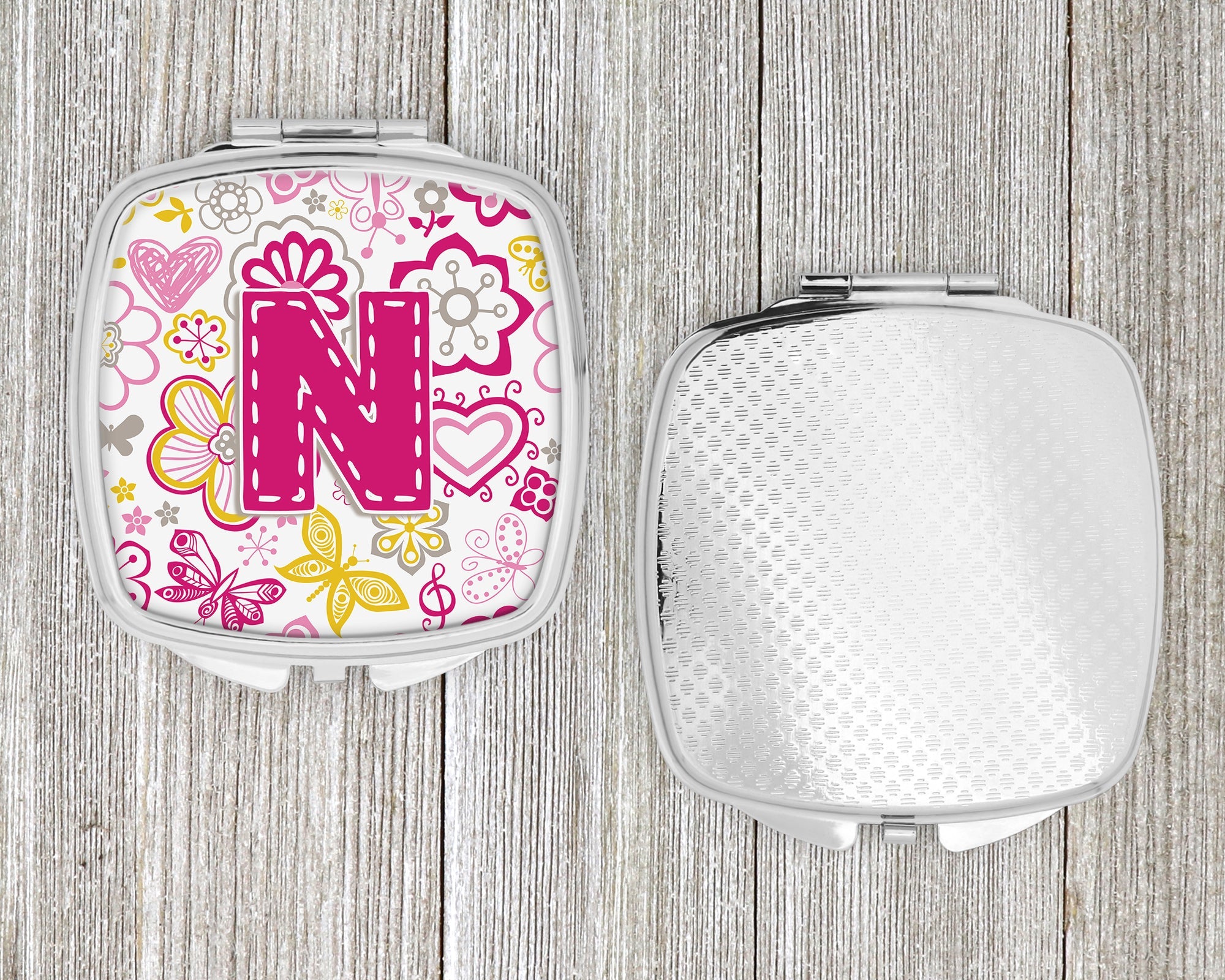 Letter N Flowers and Butterflies Pink Compact Mirror Decorative Travel Makeup Mirror for Women Girls Gifts Pocket Makeup Mirror Folding Handheld