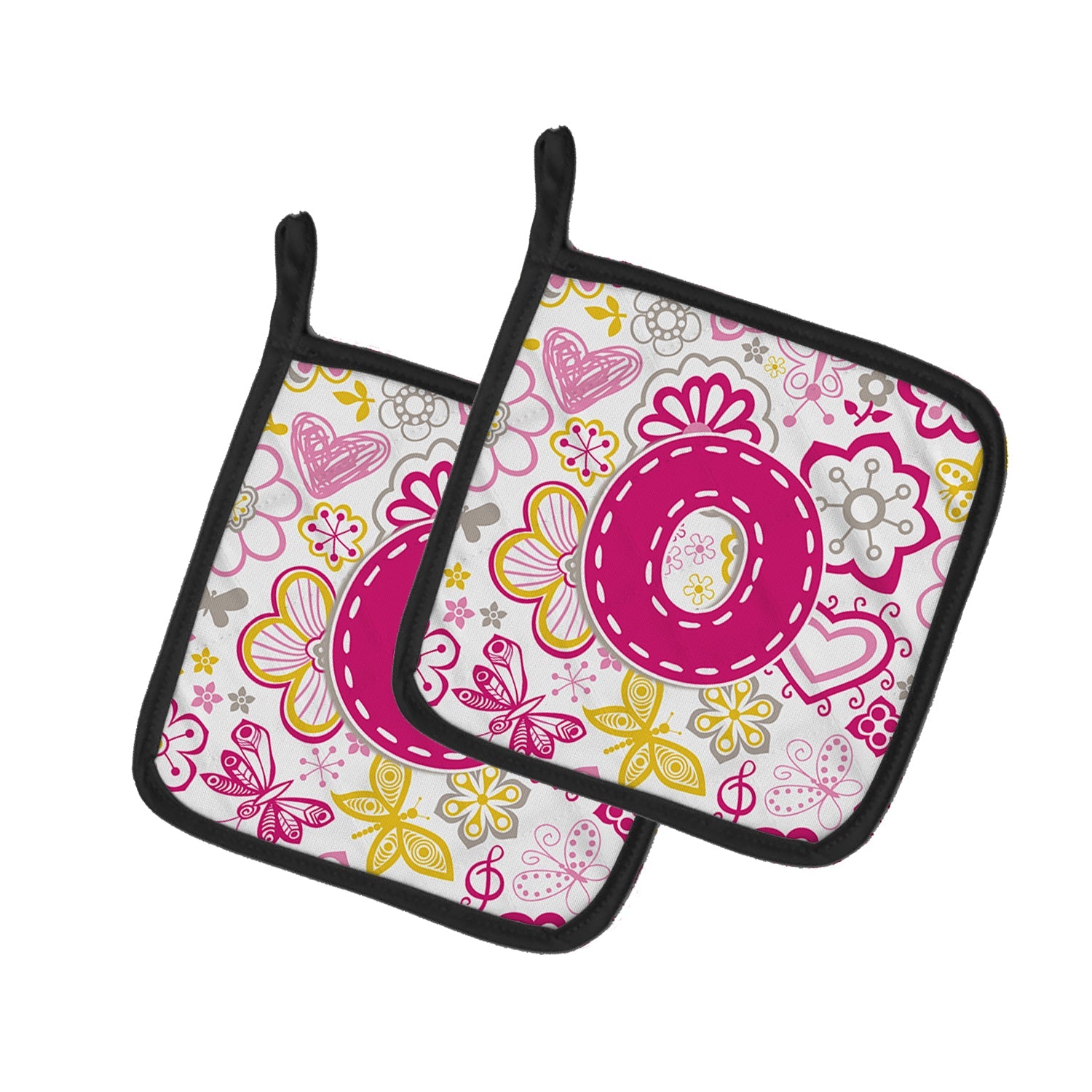 Letter O Flowers and Butterflies Pink Pot Holder Set of 2 Heat Resistant Quilted Hot Pads 7.5 x 7.5 Inch, Insulated Kitchen Trivets for Cooking & Baking
