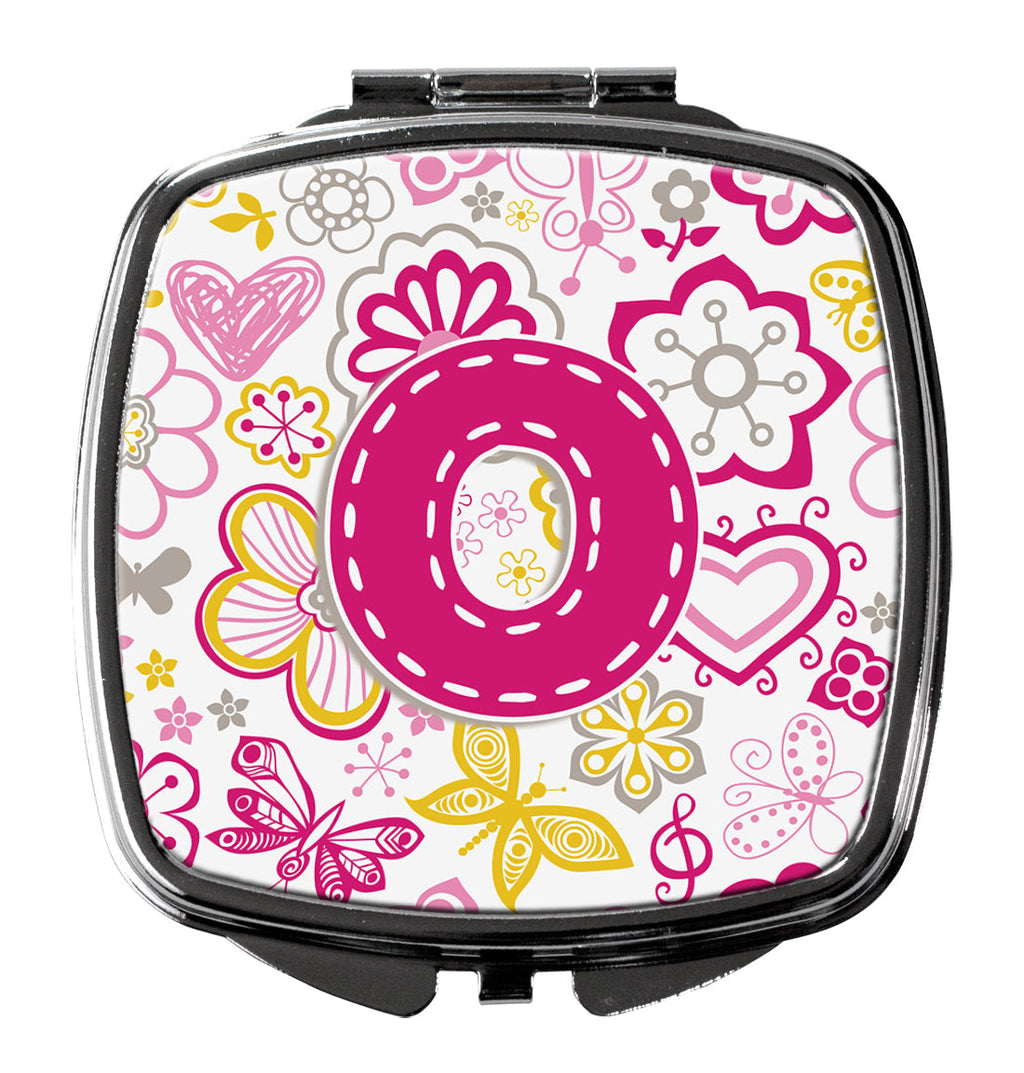 Letter O Flowers and Butterflies Pink Compact Mirror Decorative Travel Makeup Mirror for Women Girls Gifts Pocket Makeup Mirror Folding Handheld