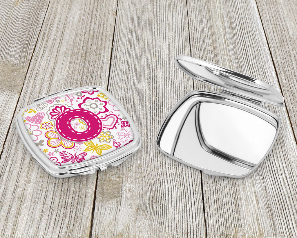 Letter O Flowers and Butterflies Pink Compact Mirror Decorative Travel Makeup Mirror for Women Girls Gifts Pocket Makeup Mirror Folding Handheld