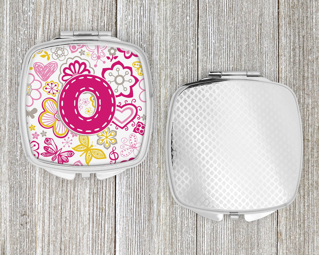 Letter O Flowers and Butterflies Pink Compact Mirror Decorative Travel Makeup Mirror for Women Girls Gifts Pocket Makeup Mirror Folding Handheld