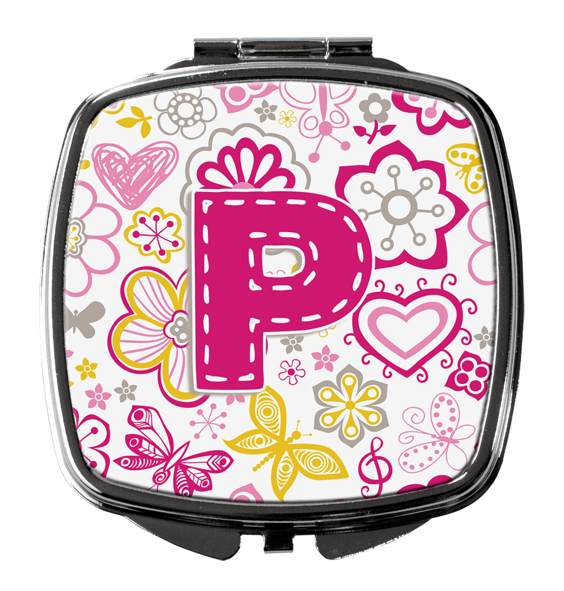 Letter P Flowers and Butterflies Pink Compact Mirror Decorative Travel Makeup Mirror for Women Girls Gifts Pocket Makeup Mirror Folding Handheld
