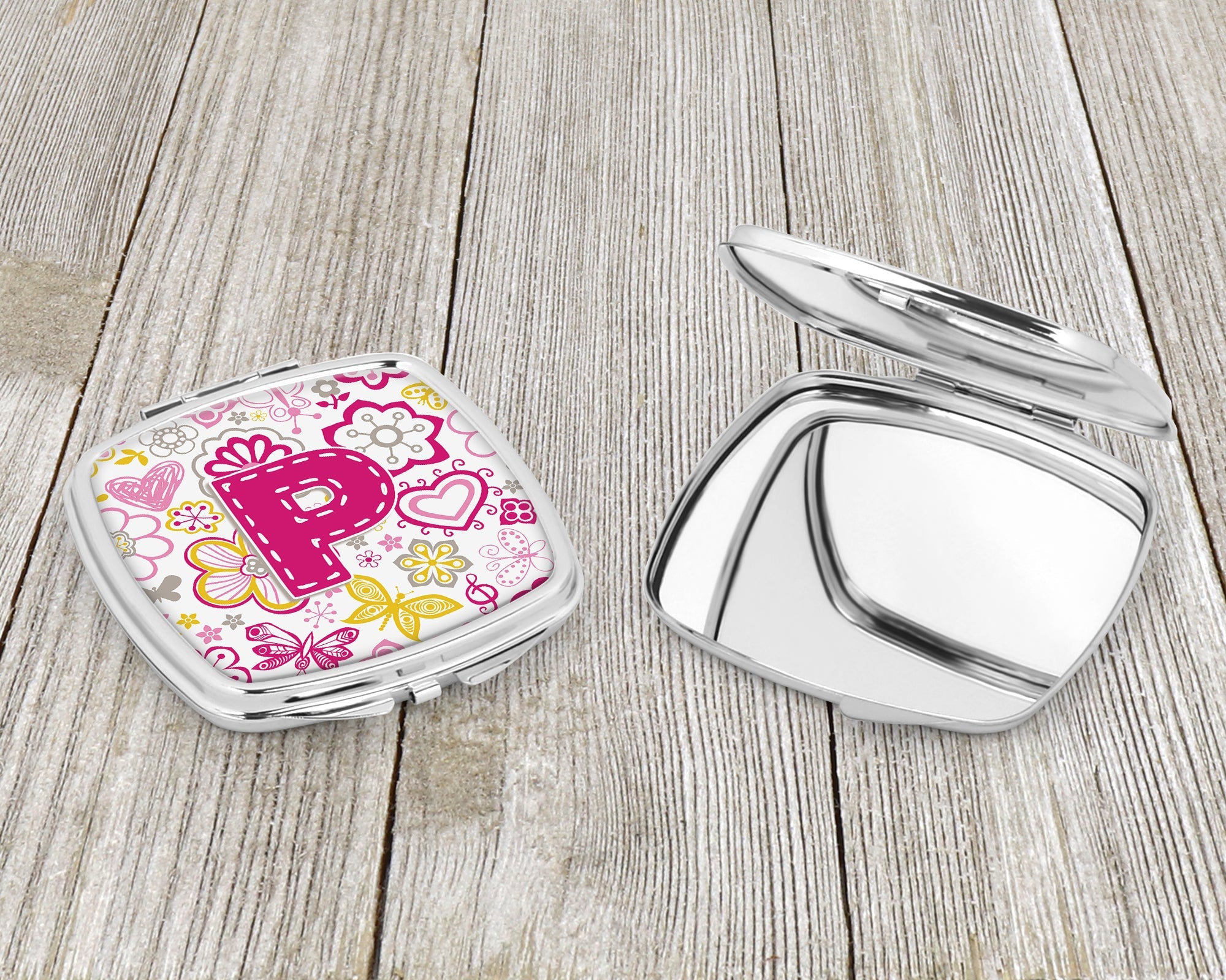 Letter P Flowers and Butterflies Pink Compact Mirror Decorative Travel Makeup Mirror for Women Girls Gifts Pocket Makeup Mirror Folding Handheld