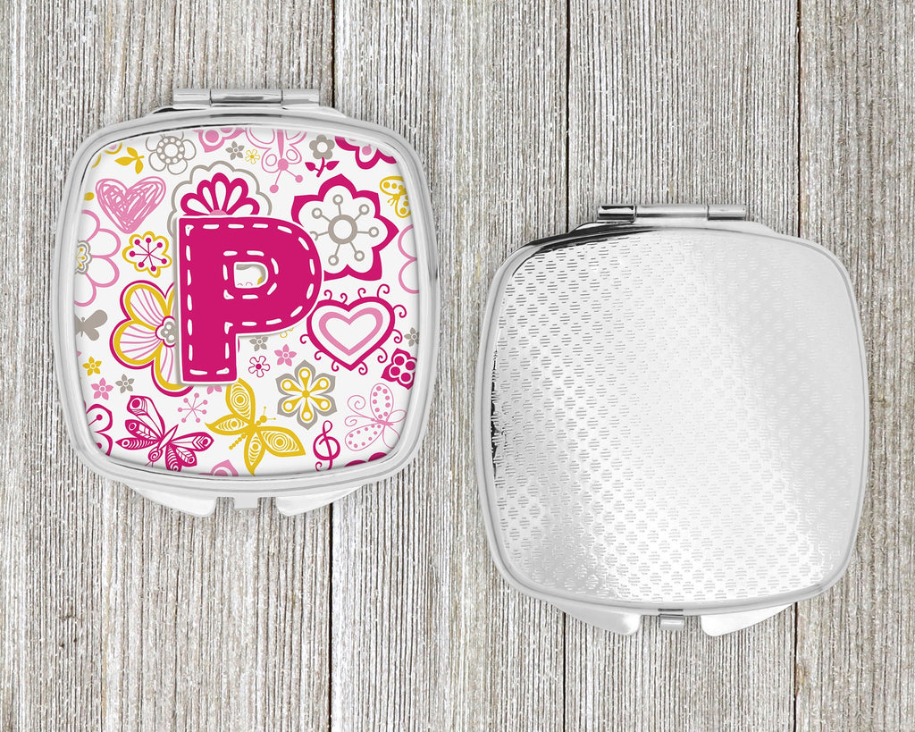 Letter P Flowers and Butterflies Pink Compact Mirror Decorative Travel Makeup Mirror for Women Girls Gifts Pocket Makeup Mirror Folding Handheld