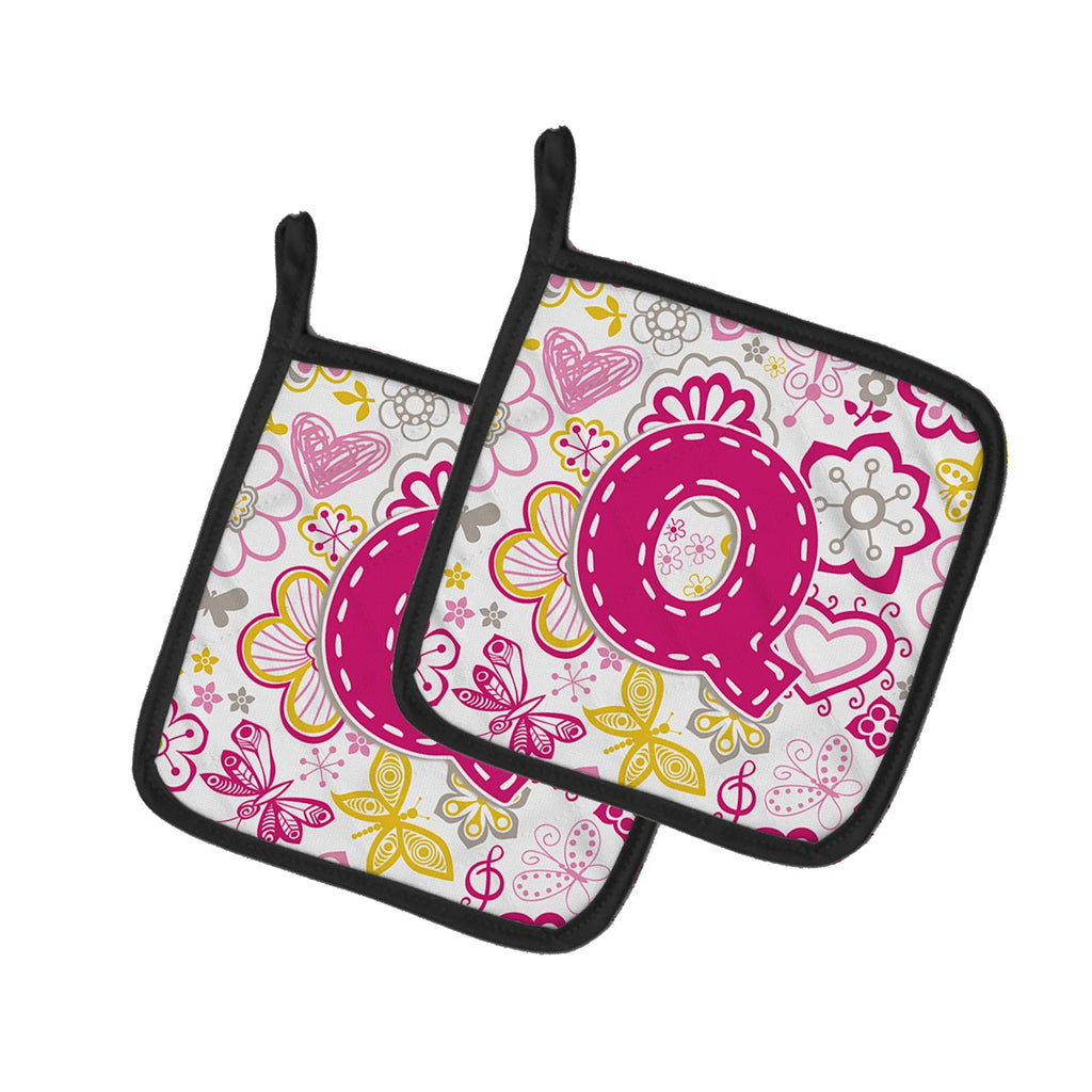 Letter Q Flowers and Butterflies Pink Pot Holder Set of 2 Heat Resistant Quilted Hot Pads 7.5 x 7.5 Inch, Insulated Kitchen Trivets for Cooking & Baking