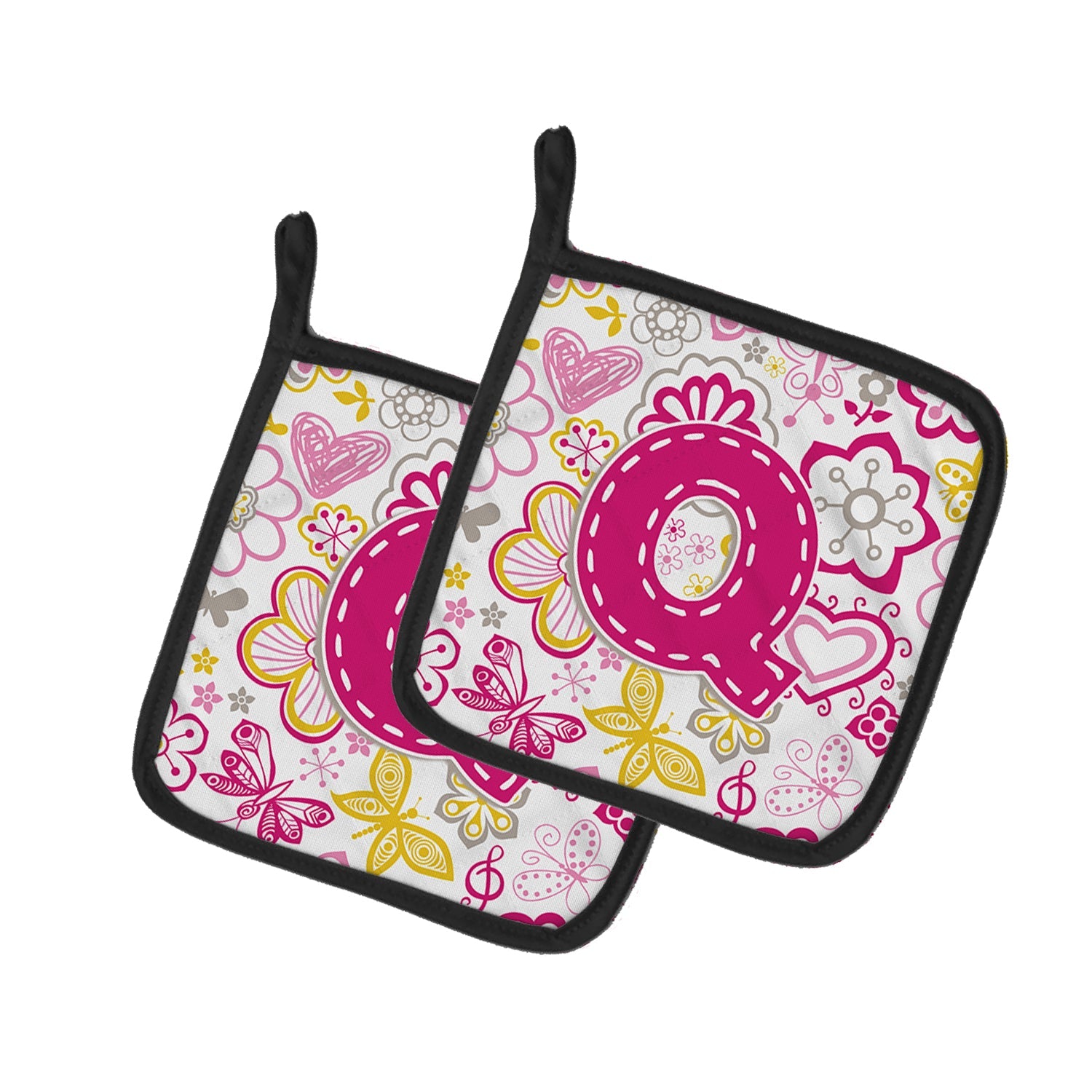 Letter Q Flowers and Butterflies Pink Pot Holder Set of 2 Heat Resistant Quilted Hot Pads 7.5 x 7.5 Inch, Insulated Kitchen Trivets for Cooking & Baking