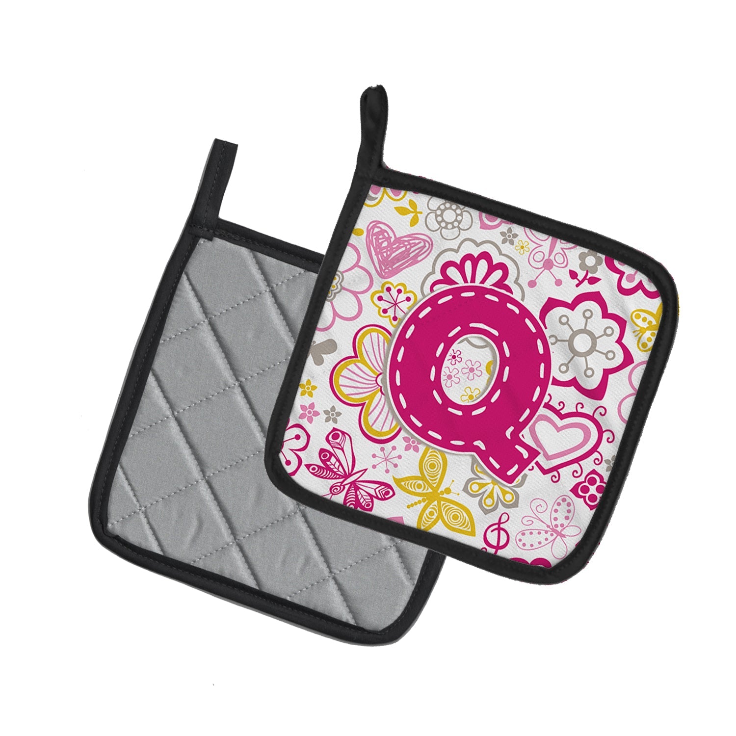 Letter Q Flowers and Butterflies Pink Pot Holder Set of 2 Heat Resistant Quilted Hot Pads 7.5 x 7.5 Inch, Insulated Kitchen Trivets for Cooking & Baking