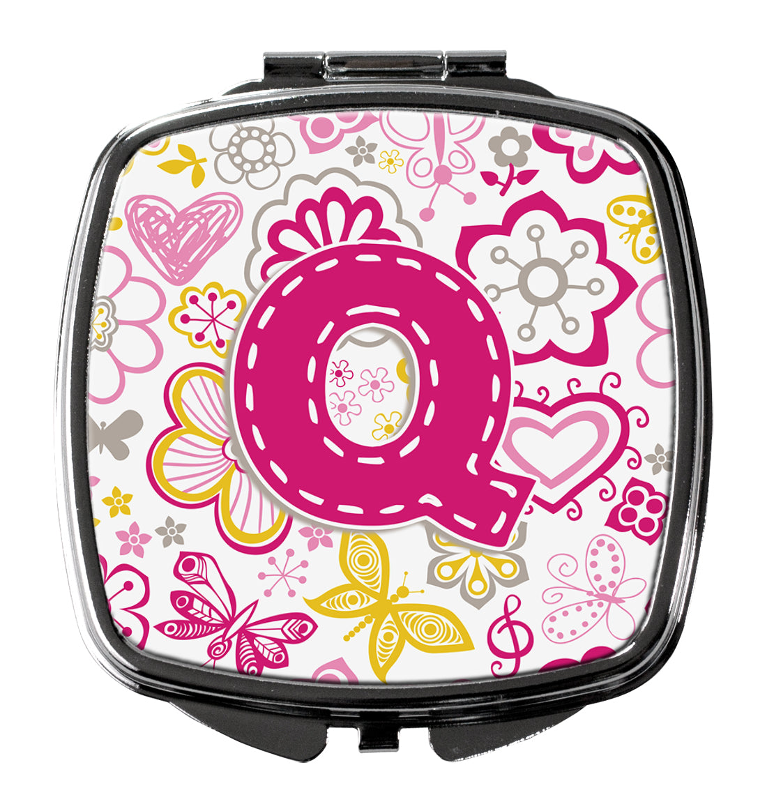 Letter Q Flowers and Butterflies Pink Compact Mirror Decorative Travel Makeup Mirror for Women Girls Gifts Pocket Makeup Mirror Folding Handheld