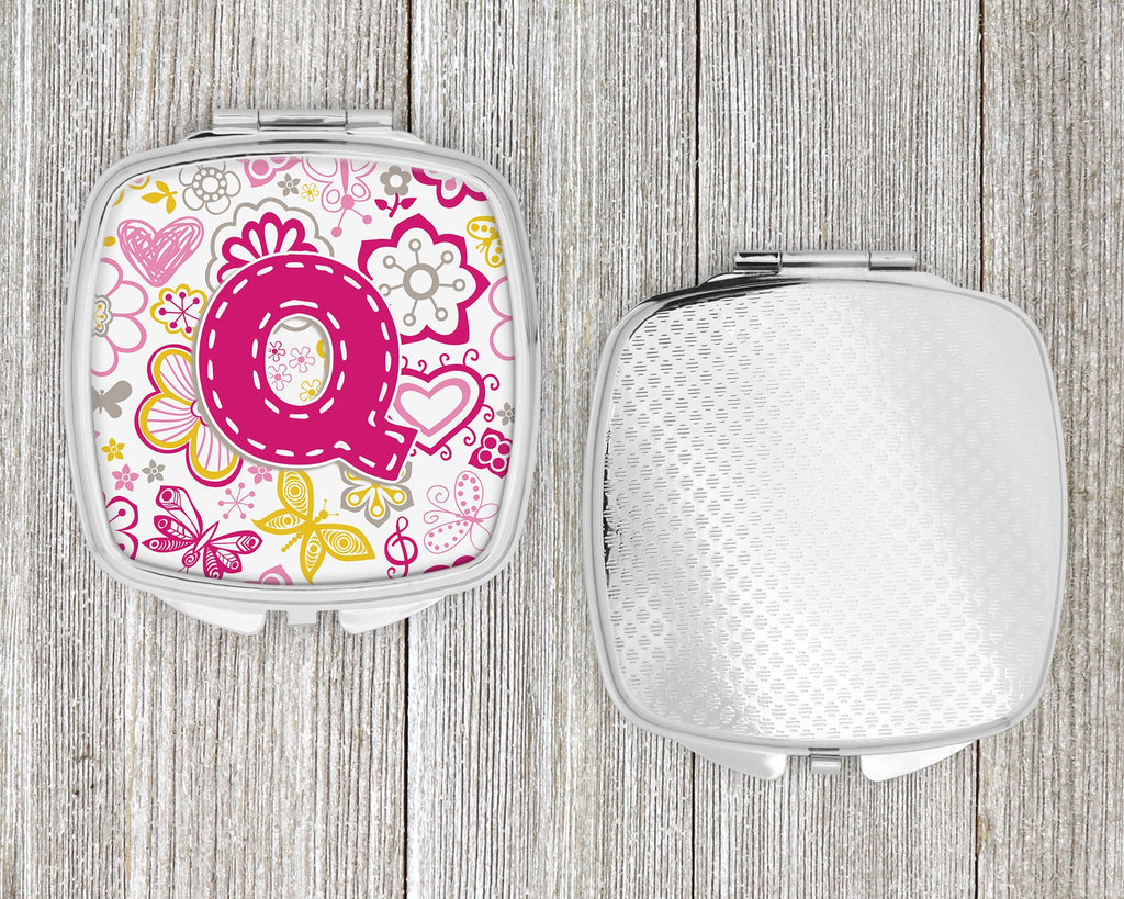 Letter Q Flowers and Butterflies Pink Compact Mirror Decorative Travel Makeup Mirror for Women Girls Gifts Pocket Makeup Mirror Folding Handheld