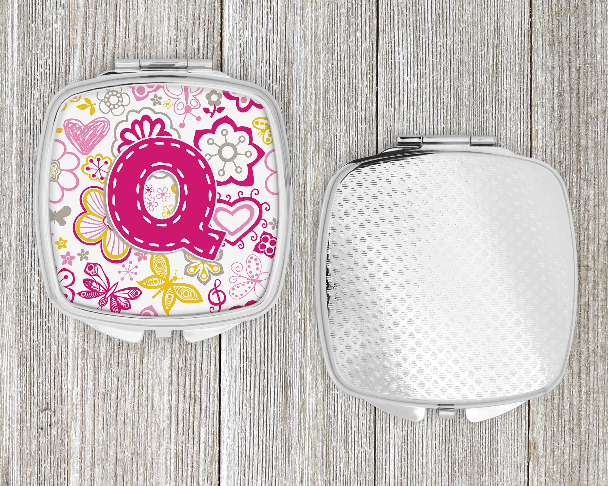 Letter Q Flowers and Butterflies Pink Compact Mirror Decorative Travel Makeup Mirror for Women Girls Gifts Pocket Makeup Mirror Folding Handheld