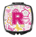 Letter R Flowers and Butterflies Pink Compact Mirror Decorative Travel Makeup Mirror for Women Girls Gifts Pocket Makeup Mirror Folding Handheld