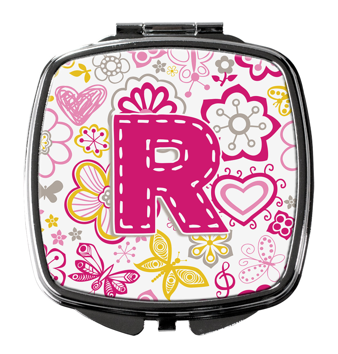 Letter R Flowers and Butterflies Pink Compact Mirror Decorative Travel Makeup Mirror for Women Girls Gifts Pocket Makeup Mirror Folding Handheld