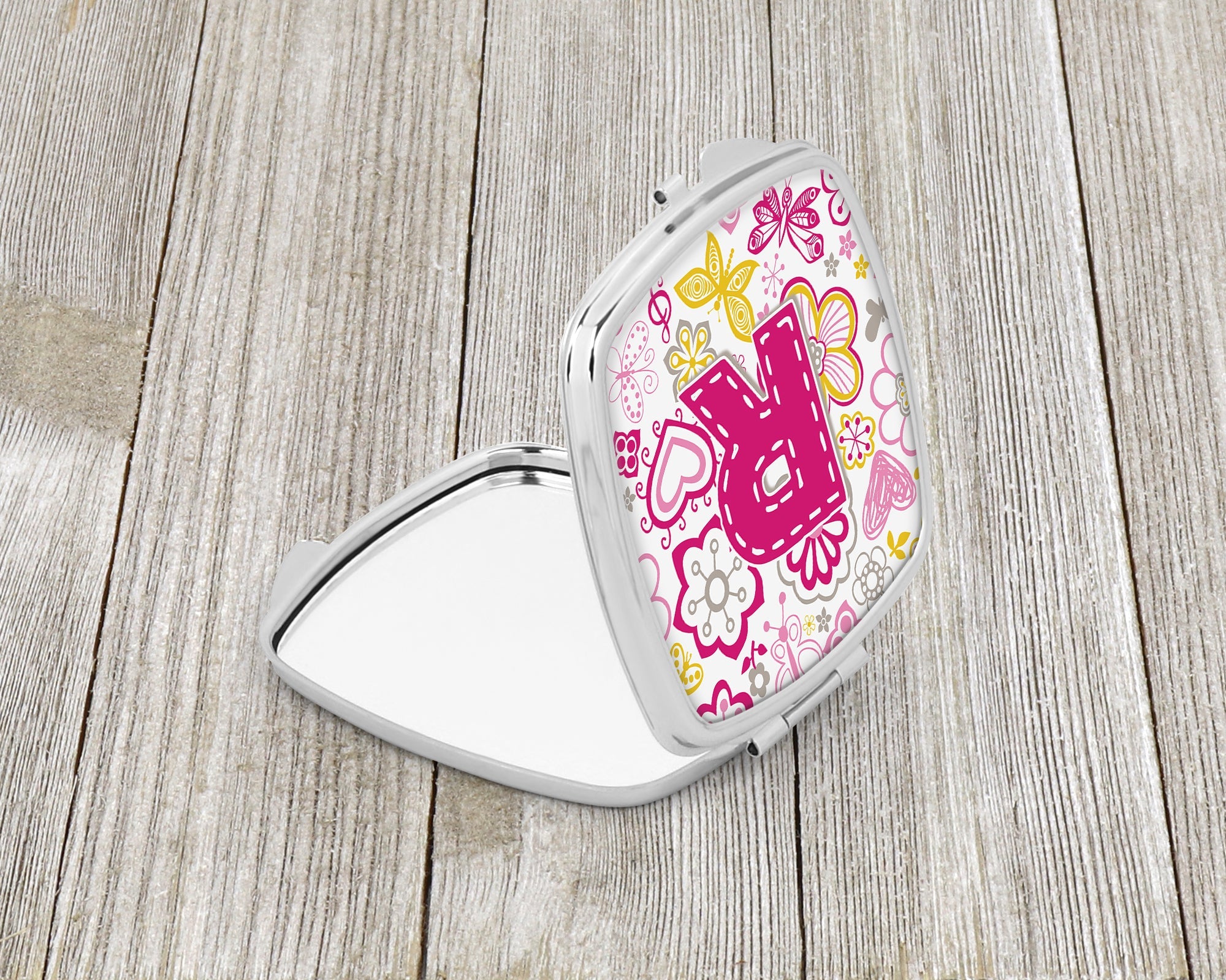 Letter R Flowers and Butterflies Pink Compact Mirror Decorative Travel Makeup Mirror for Women Girls Gifts Pocket Makeup Mirror Folding Handheld