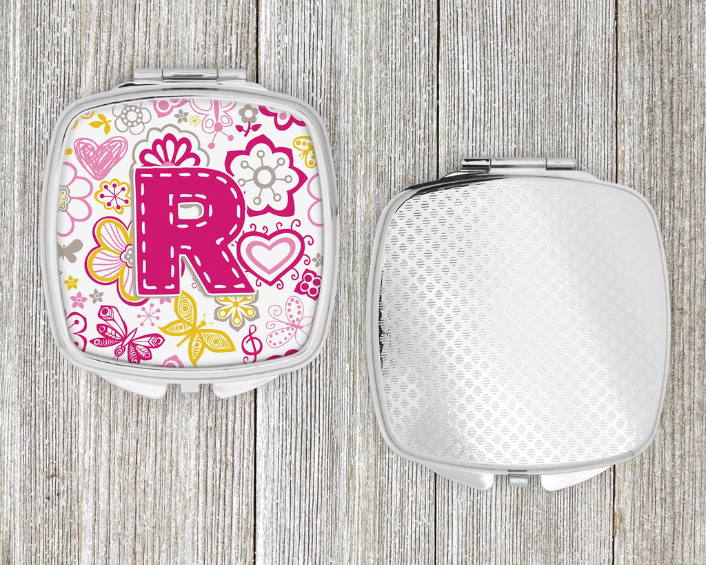 Letter R Flowers and Butterflies Pink Compact Mirror Decorative Travel Makeup Mirror for Women Girls Gifts Pocket Makeup Mirror Folding Handheld