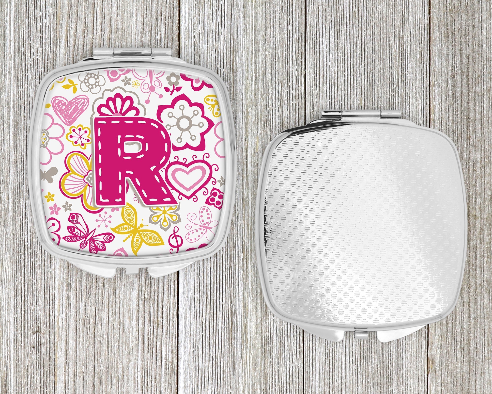 Letter R Flowers and Butterflies Pink Compact Mirror Decorative Travel Makeup Mirror for Women Girls Gifts Pocket Makeup Mirror Folding Handheld