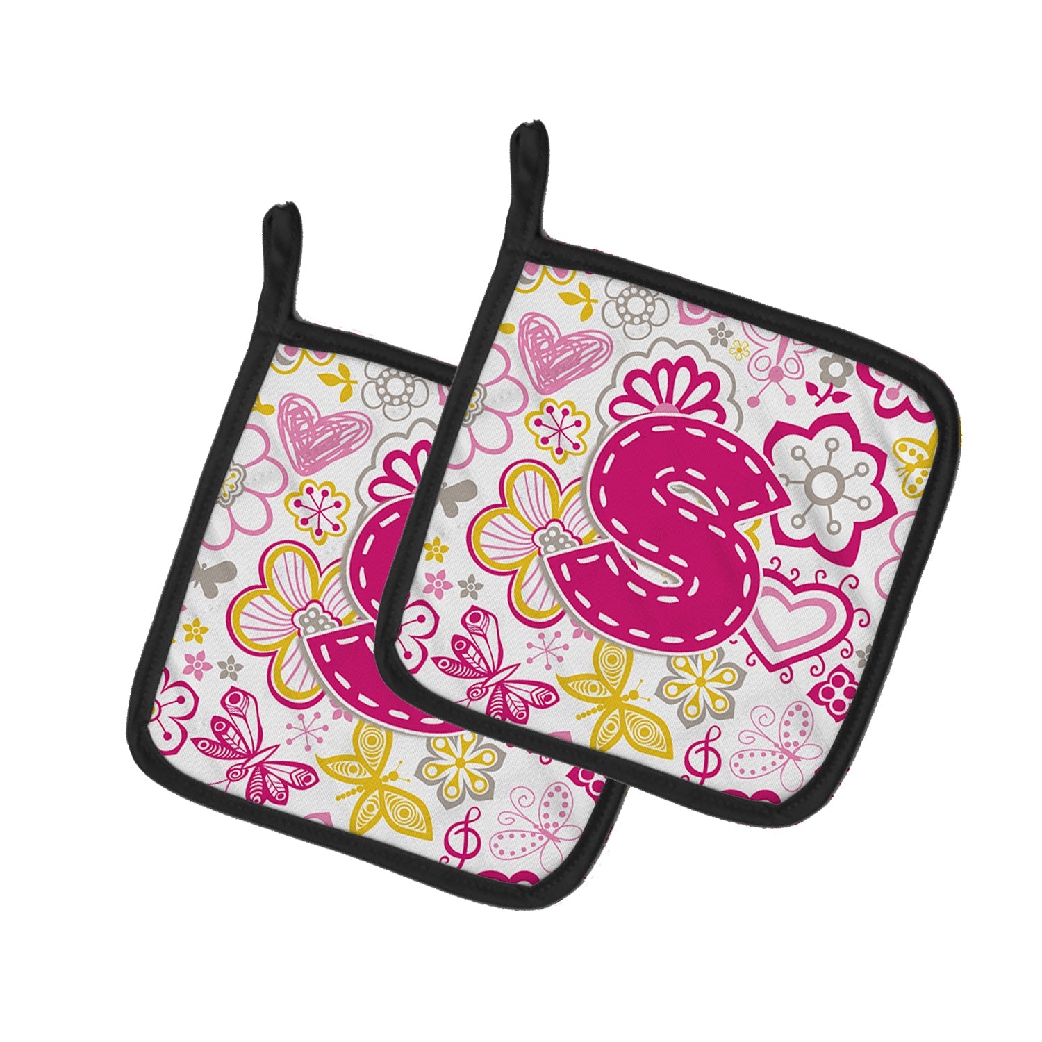 Letter S Flowers and Butterflies Pink Pot Holder Set of 2 Heat Resistant Quilted Hot Pads 7.5 x 7.5 Inch, Insulated Kitchen Trivets for Cooking & Baking