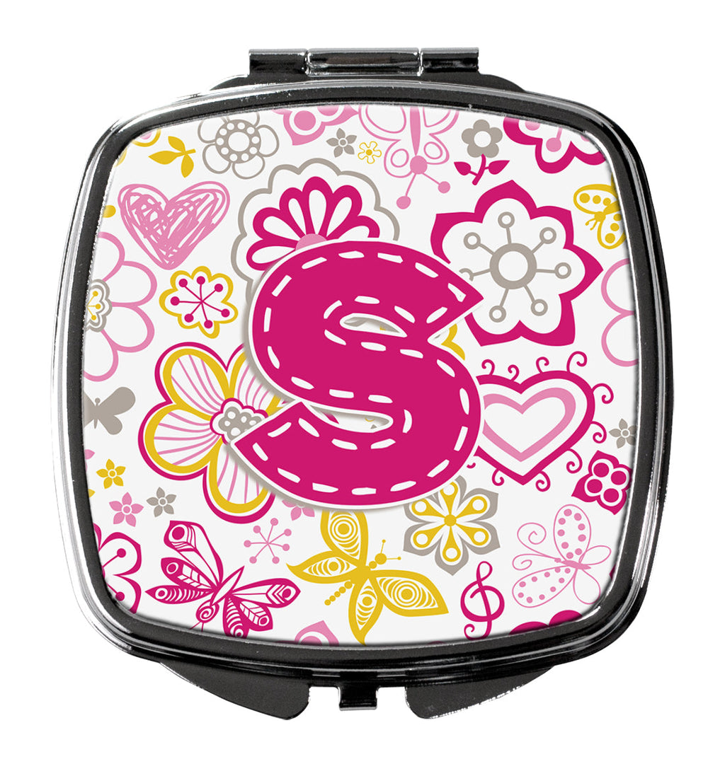 Letter S Flowers and Butterflies Pink Compact Mirror Decorative Travel Makeup Mirror for Women Girls Gifts Pocket Makeup Mirror Folding Handheld