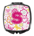 Letter S Flowers and Butterflies Pink Compact Mirror Decorative Travel Makeup Mirror for Women Girls Gifts Pocket Makeup Mirror Folding Handheld