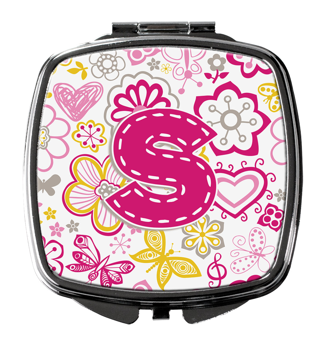 Letter S Flowers and Butterflies Pink Compact Mirror Decorative Travel Makeup Mirror for Women Girls Gifts Pocket Makeup Mirror Folding Handheld