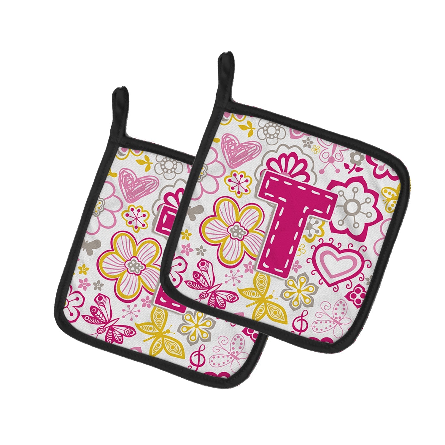 Letter T Flowers and Butterflies Pink Pot Holder Set of 2 Heat Resistant Quilted Hot Pads 7.5 x 7.5 Inch, Insulated Kitchen Trivets for Cooking & Baking