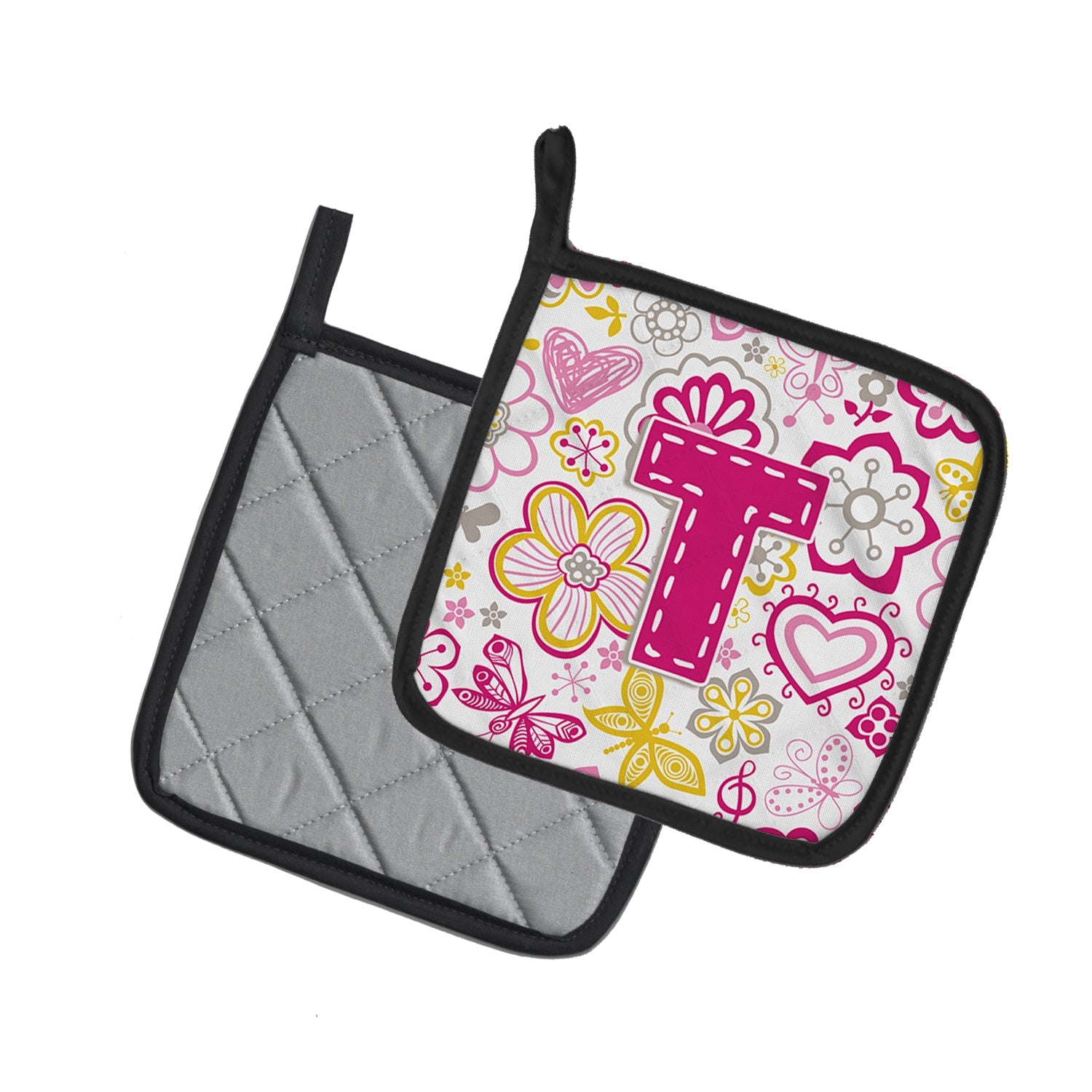 Letter T Flowers and Butterflies Pink Pot Holder Set of 2 Heat Resistant Quilted Hot Pads 7.5 x 7.5 Inch, Insulated Kitchen Trivets for Cooking & Baking