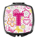 Letter T Flowers and Butterflies Pink Compact Mirror Decorative Travel Makeup Mirror for Women Girls Gifts Pocket Makeup Mirror Folding Handheld