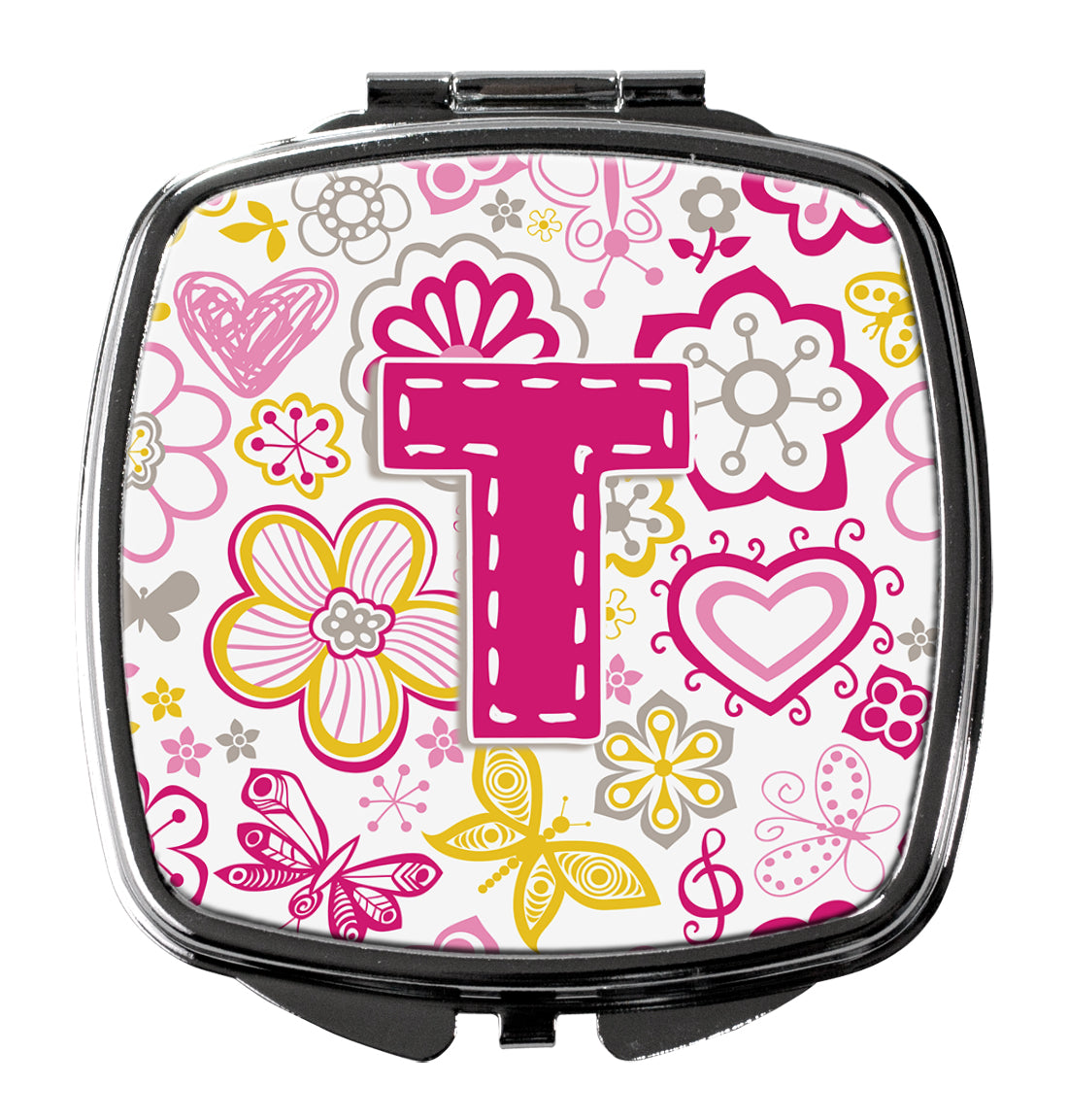 Letter T Flowers and Butterflies Pink Compact Mirror Decorative Travel Makeup Mirror for Women Girls Gifts Pocket Makeup Mirror Folding Handheld