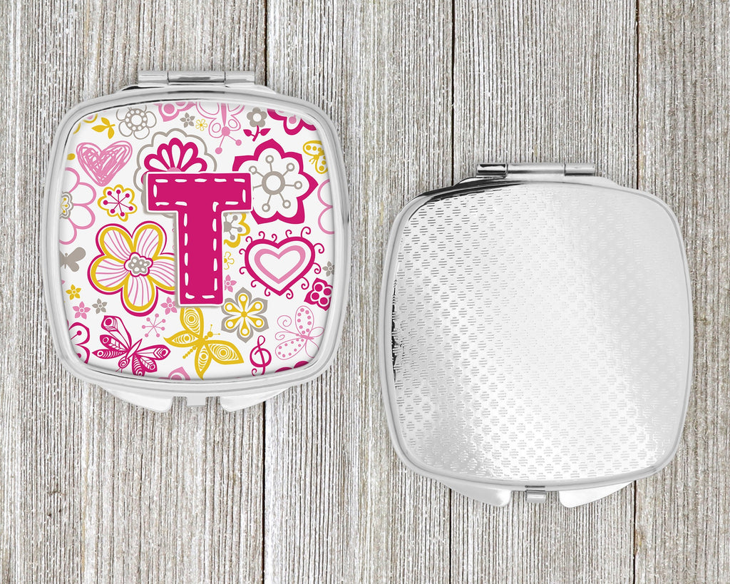 Letter T Flowers and Butterflies Pink Compact Mirror Decorative Travel Makeup Mirror for Women Girls Gifts Pocket Makeup Mirror Folding Handheld