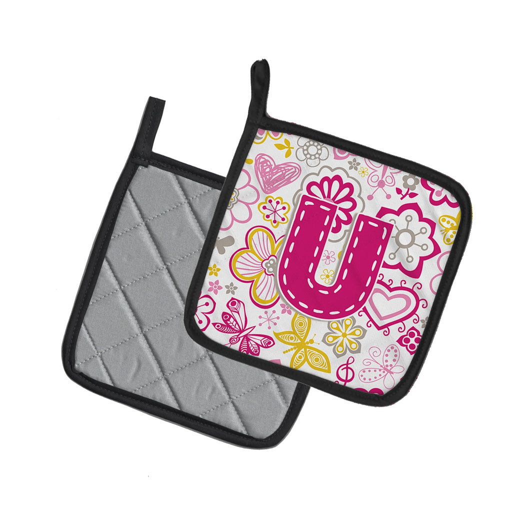 Letter U Flowers and Butterflies Pink Pot Holder Set of 2 Heat Resistant Quilted Hot Pads 7.5 x 7.5 Inch, Insulated Kitchen Trivets for Cooking & Baking