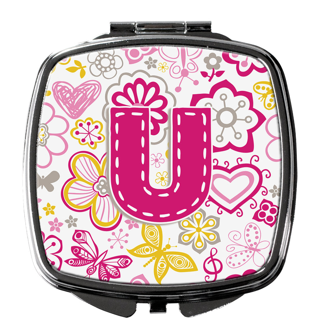 Letter U Flowers and Butterflies Pink Compact Mirror Decorative Travel Makeup Mirror for Women Girls Gifts Pocket Makeup Mirror Folding Handheld