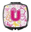 Letter U Flowers and Butterflies Pink Compact Mirror Decorative Travel Makeup Mirror for Women Girls Gifts Pocket Makeup Mirror Folding Handheld