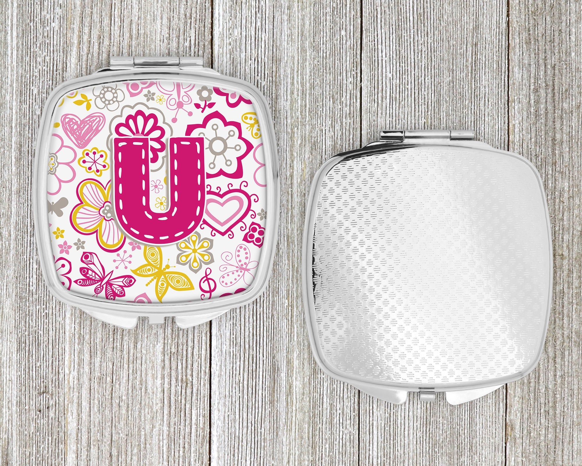 Letter U Flowers and Butterflies Pink Compact Mirror Decorative Travel Makeup Mirror for Women Girls Gifts Pocket Makeup Mirror Folding Handheld