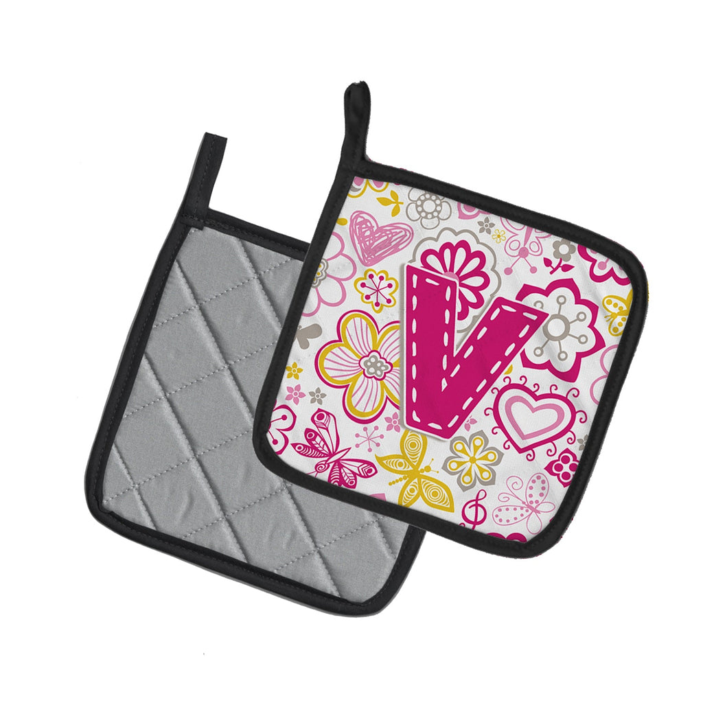 Letter V Flowers and Butterflies Pink Pot Holder Set of 2 Heat Resistant Quilted Hot Pads 7.5 x 7.5 Inch, Insulated Kitchen Trivets for Cooking & Baking