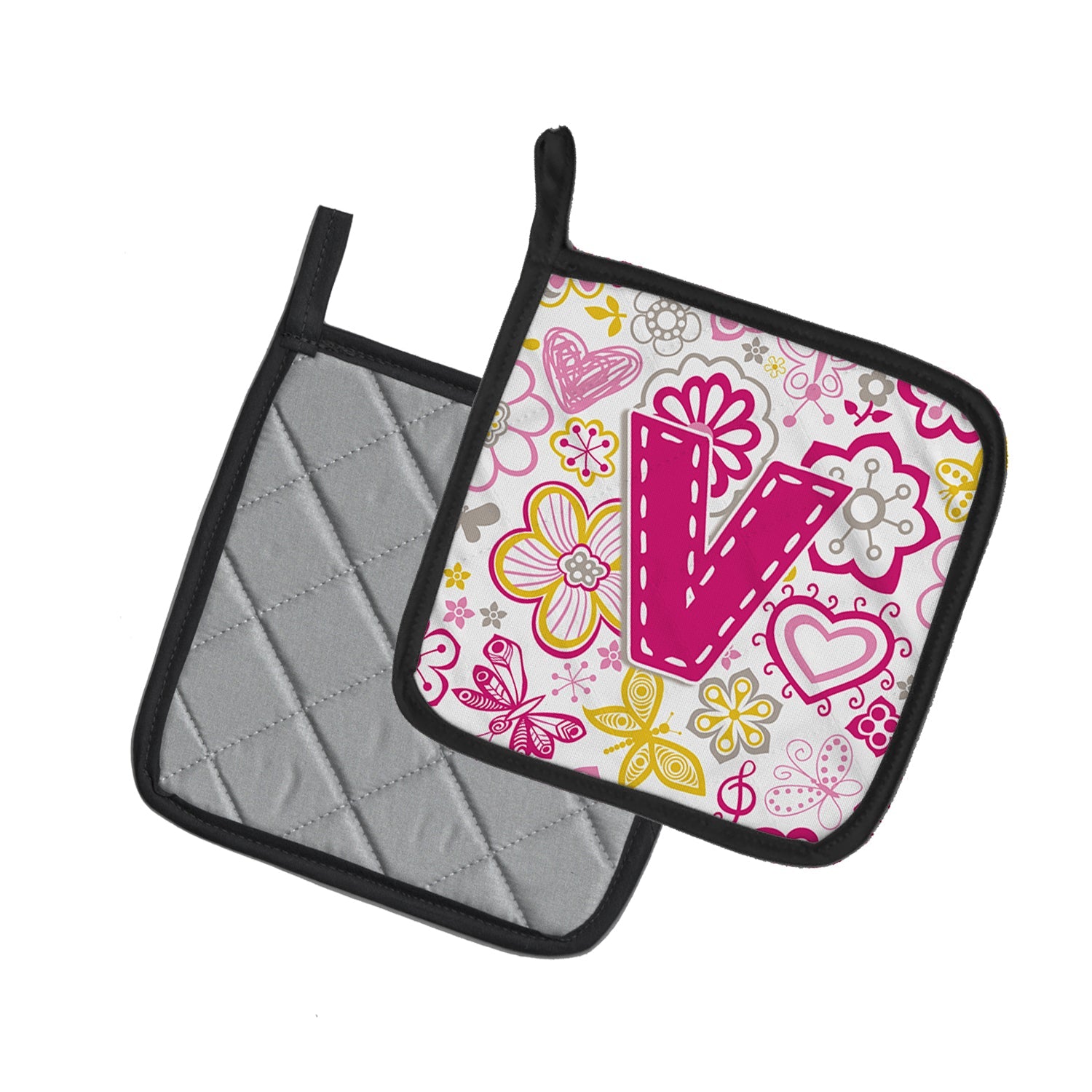 Letter V Flowers and Butterflies Pink Pot Holder Set of 2 Heat Resistant Quilted Hot Pads 7.5 x 7.5 Inch, Insulated Kitchen Trivets for Cooking & Baking