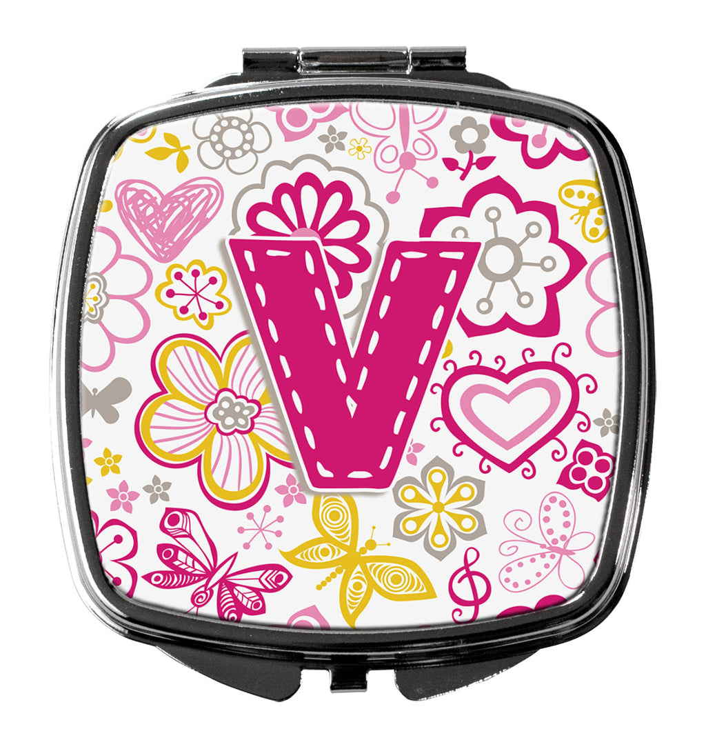 Letter V Flowers and Butterflies Pink Compact Mirror Decorative Travel Makeup Mirror for Women Girls Gifts Pocket Makeup Mirror Folding Handheld