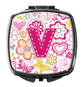 Letter V Flowers and Butterflies Pink Compact Mirror Decorative Travel Makeup Mirror for Women Girls Gifts Pocket Makeup Mirror Folding Handheld
