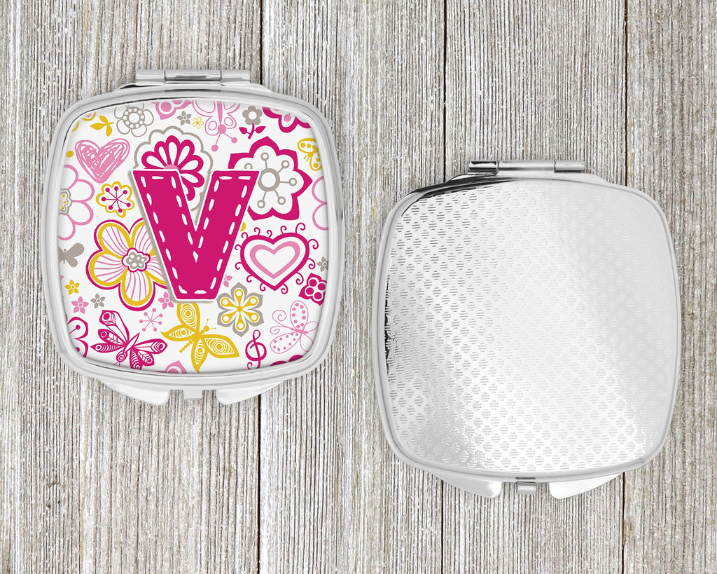 Letter V Flowers and Butterflies Pink Compact Mirror Decorative Travel Makeup Mirror for Women Girls Gifts Pocket Makeup Mirror Folding Handheld