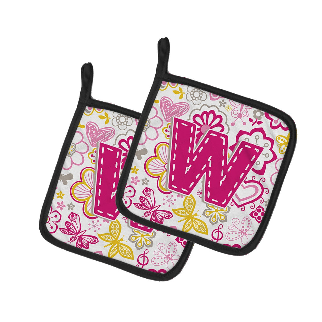 Letter W Flowers and Butterflies Pink Pot Holder Set of 2 Heat Resistant Quilted Hot Pads 7.5 x 7.5 Inch, Insulated Kitchen Trivets for Cooking & Baking