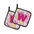 Letter W Flowers and Butterflies Pink Pot Holder Set of 2 Heat Resistant Quilted Hot Pads 7.5 x 7.5 Inch, Insulated Kitchen Trivets for Cooking & Baking