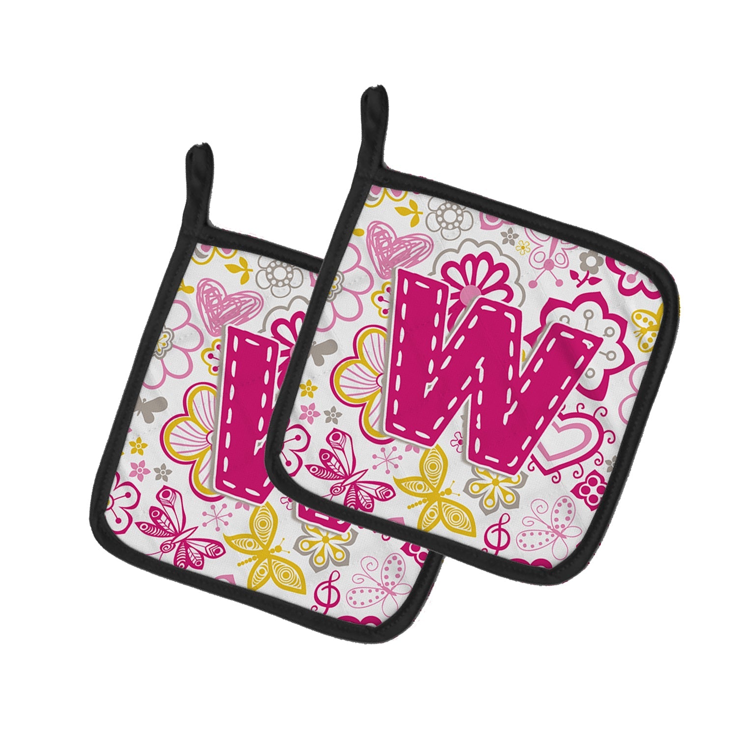 Letter W Flowers and Butterflies Pink Pot Holder Set of 2 Heat Resistant Quilted Hot Pads 7.5 x 7.5 Inch, Insulated Kitchen Trivets for Cooking & Baking