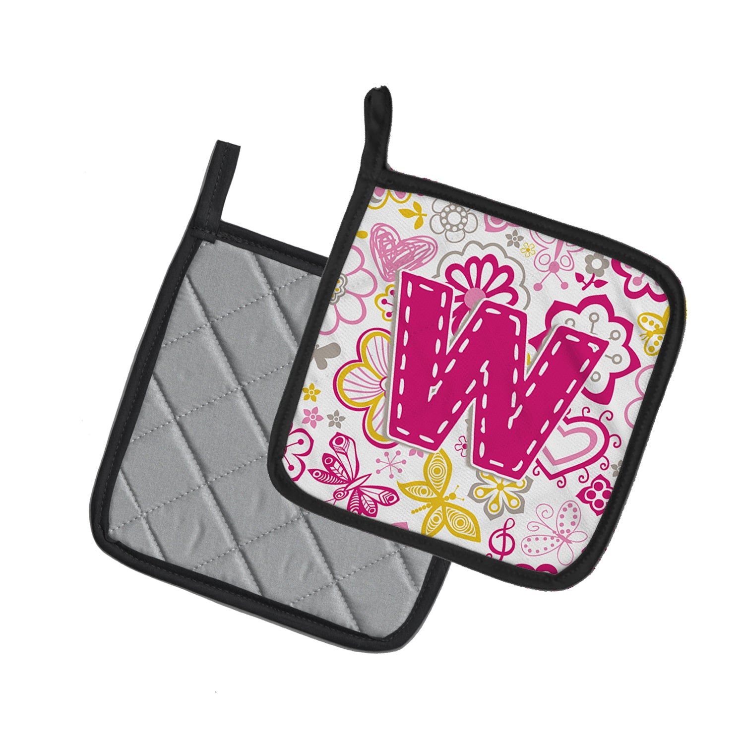 Letter W Flowers and Butterflies Pink Pot Holder Set of 2 Heat Resistant Quilted Hot Pads 7.5 x 7.5 Inch, Insulated Kitchen Trivets for Cooking & Baking